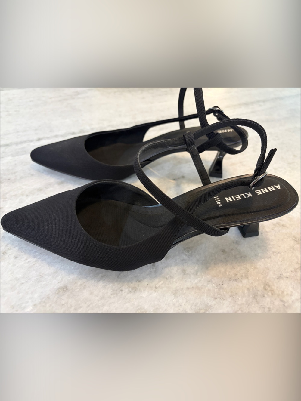 Anne Klein Black Pointed Slingback Heels with Ankle Straps